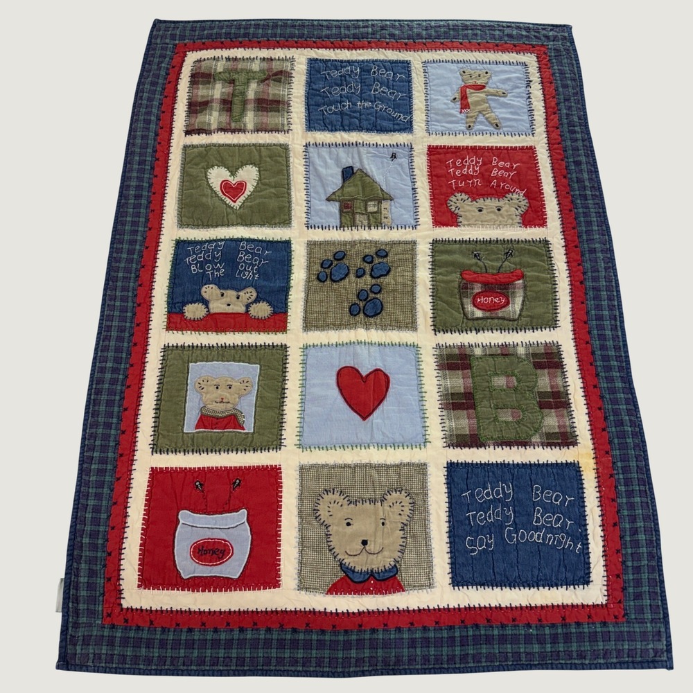 Pottery Barn Kids Teddy Bear Patchwork Quilt Denim Blue Plaid Embroidered 36x51